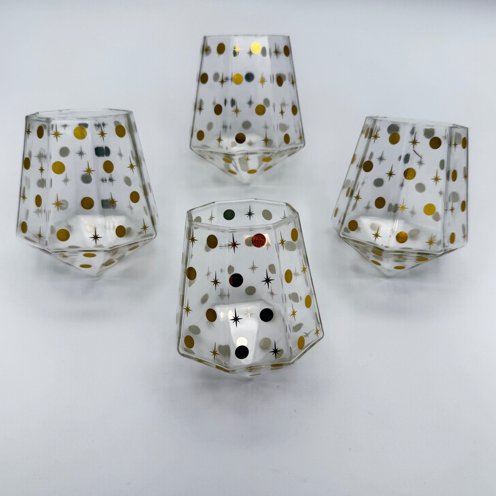 Chic and Tonic Faceted Glass‎ Diamond Tumbler Set 4pc Gold Starburst Mid-Century